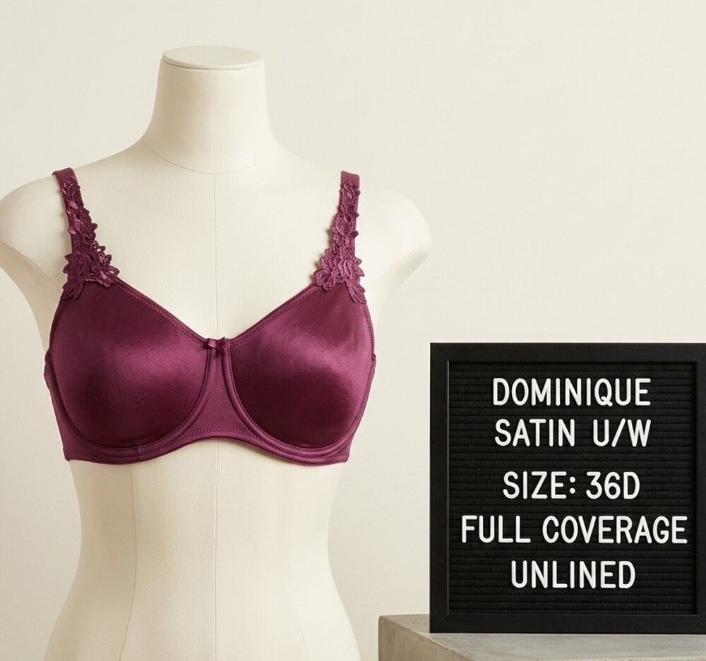 Dominique Satin Underwire Bra 36D Plum Purple Floral Lace Full Coverage Unlined